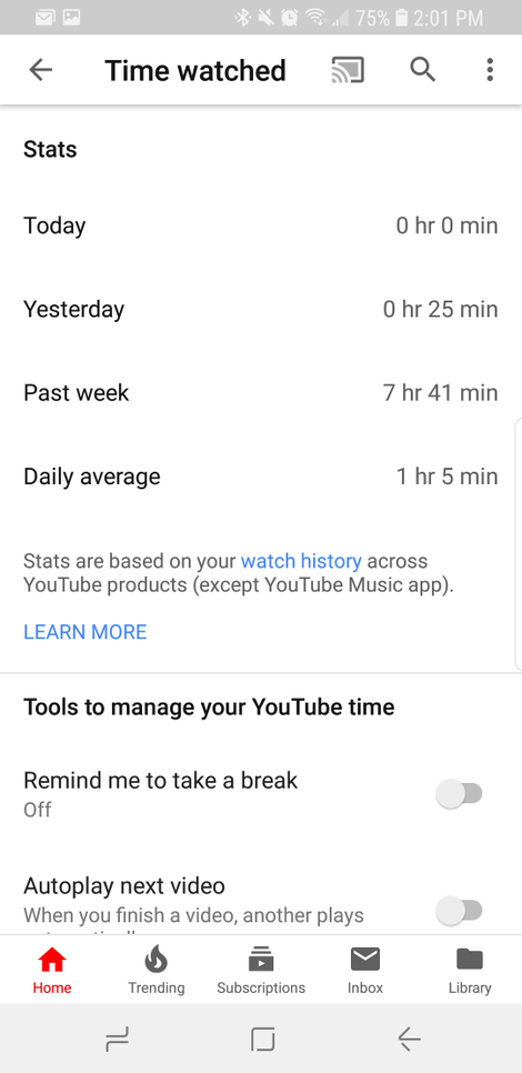 Here’s a screenshot from my phone that shows I watch on average about 7.5 hours of YouTube a week, which seems about right. However, i did watch a video this morning that YouTube’s tracking seems to have missed.